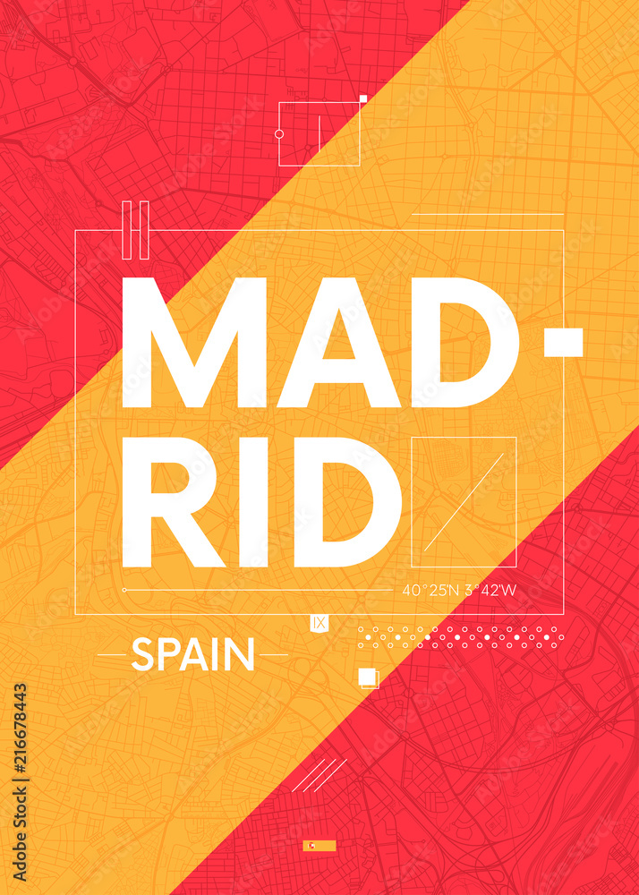 Naklejka premium Kolorowy plakat graficzny typografia z mapą Madrytu, ilustracji wektorowych podróży