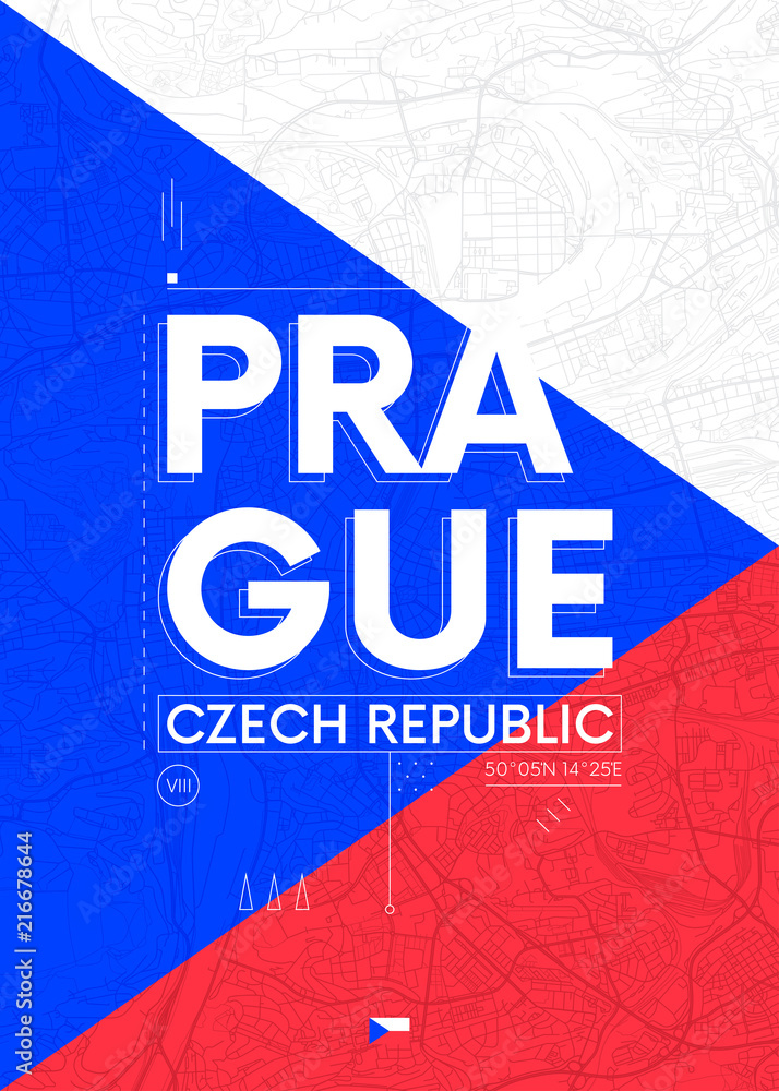 Fototapeta premium Typography graphics color poster with a map of Prague, Vector travel illustration
