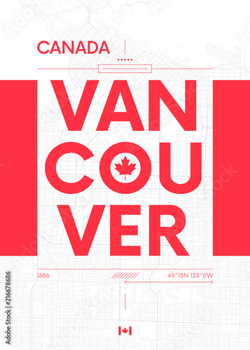 Typography graphics color poster with a map of Vancouver, Vector travel illustration
