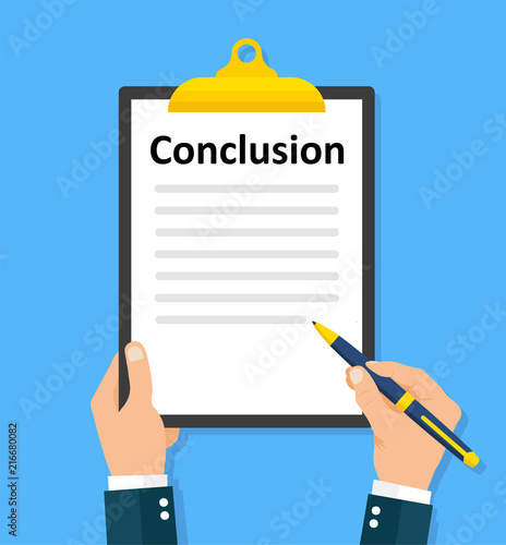 Man writes conclusion. Paperwork, sheets in folder flat design - stock vector.