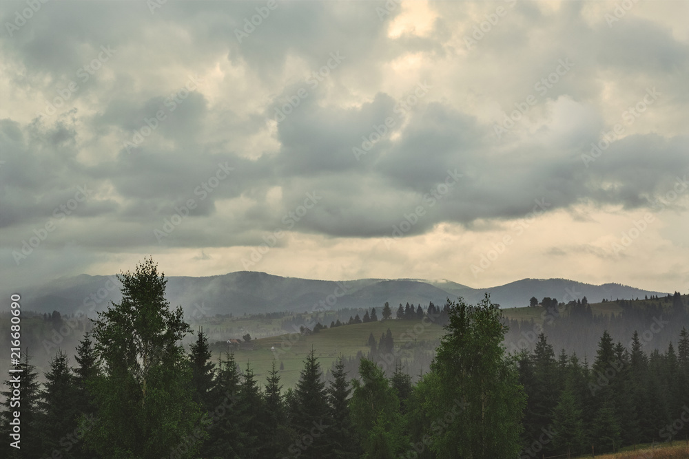 Obraz premium Cloudy evening in Carpathian forest and mountain landscape with small houses. foggy forest and cloudy sky in the Ukrainian mountains
