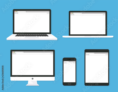 Set of monitor, laptop, tablet, smartphone open blank browser. flat style - stock vector.
