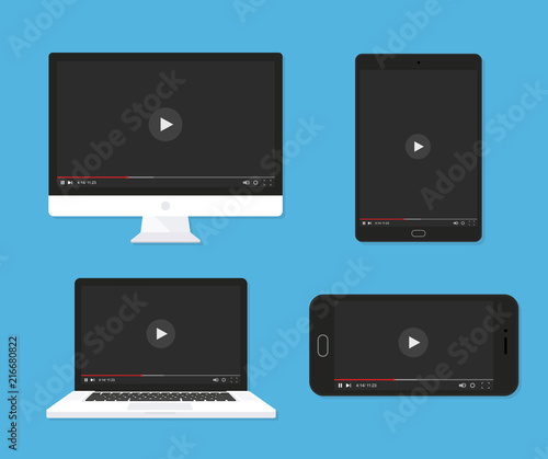 Set of monitor, laptop, tablet, smartphone video player template - stock vector.
