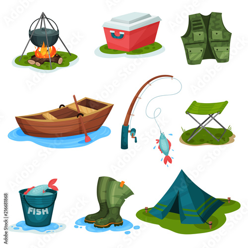 Fishing sport symbols set, outdoor activity equipment vector Illustrations on a white background
