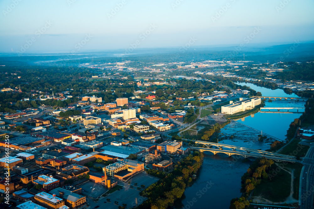Aerial photographs of Danville,VA,old cotton mills and the Dan river.
