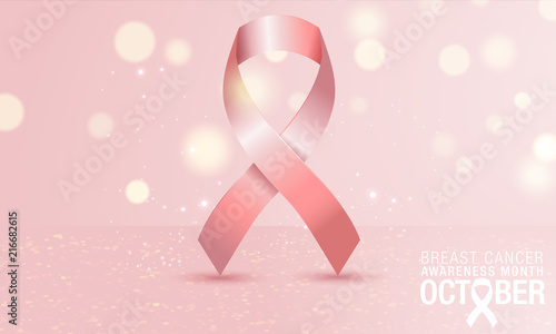 Breast cancer day card with ribbon icon on pink background