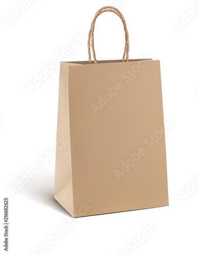 Paper kraft shopping bag isolated on white. Vector 3d illustration