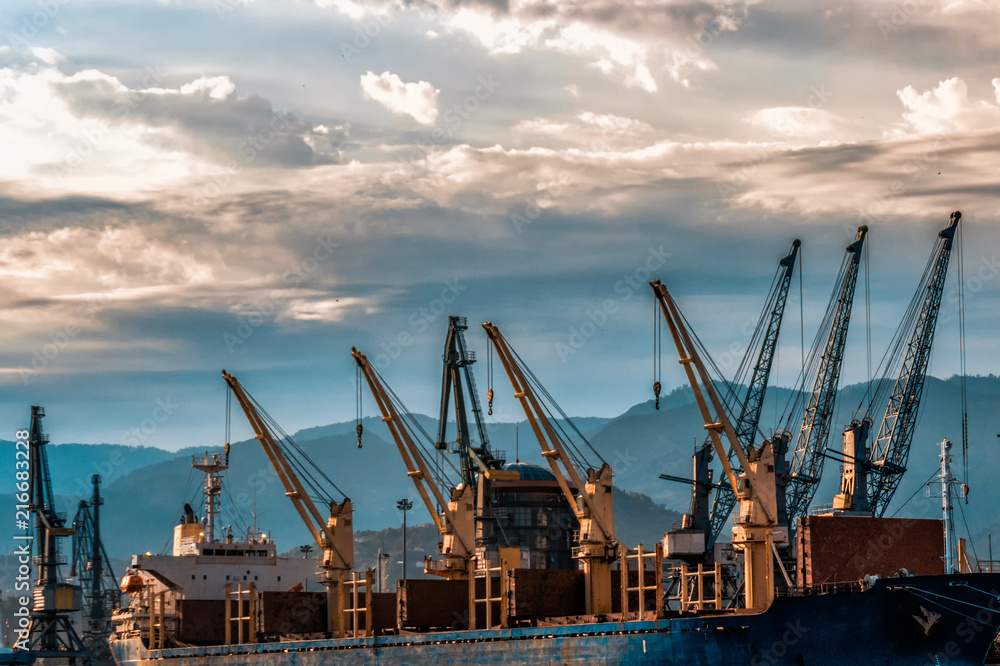Cargo ships in the port. Georgia, Batumi, Batumi cargo port on July 22, 2018.