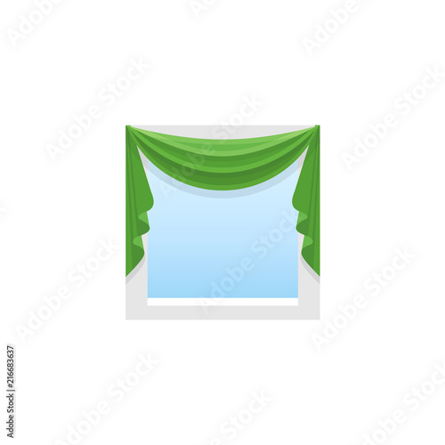 Green fabric curtain with central drapery. Pelmet with symmetric swag. Vector illustration. Flat icon of blind. Front view.