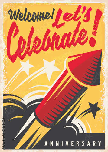 Anniversary celebration retro poster or invitation design template with red fireworks rocket on yellow background.