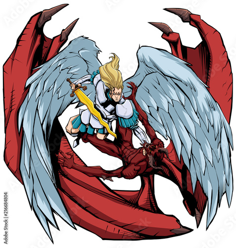 Line art illustration of Archangel Michael defeating Satan.