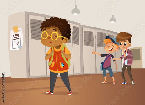 Sad overweight African-American boy wearing glasses going through school. School boys and gill laughing and pointing at the obese boy. Body shaming, fat shaming. Bulling at school. Vector illustration