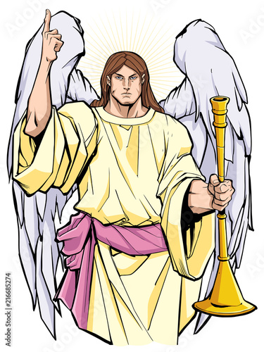 Portrait of Archangel Gabriel praising the lord and holding a trumpet. 