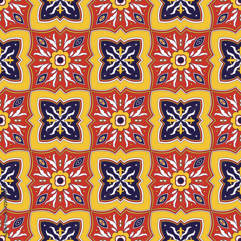 Spanish tile pattern vector seamless with flower ornaments. Portuguese azulejo, mexican talavera, italian sicily, spain majolica. Tiled texture for ceramic kitchen wall or bathroom mosaic floor.