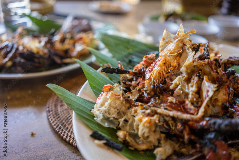 seafood plate in bali indonesia served on banana leaf seafood plate in bali indonesia served on banana leaf