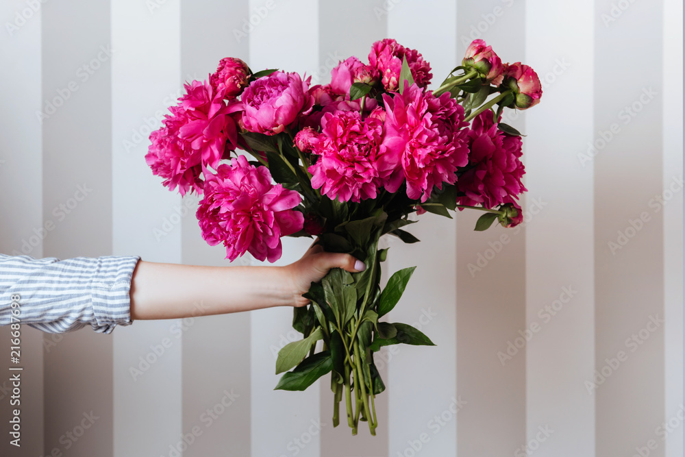 Female hand holding beautiful bouquet with fragrant peonies Female hand holding beautiful bouquet with fragrant peonies
