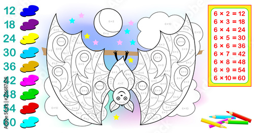 Worksheet with exercises for children with multiplication by six. Need to solve examples and paint the bat in relevant colors. Vector cartoon image.