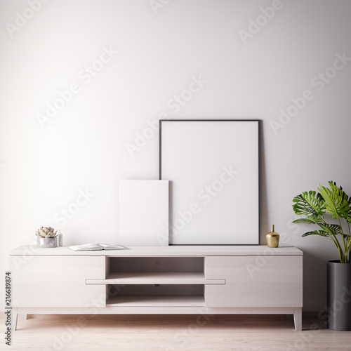 Mock up poster frame in Interior room with white wal, modern style, 3D illustration