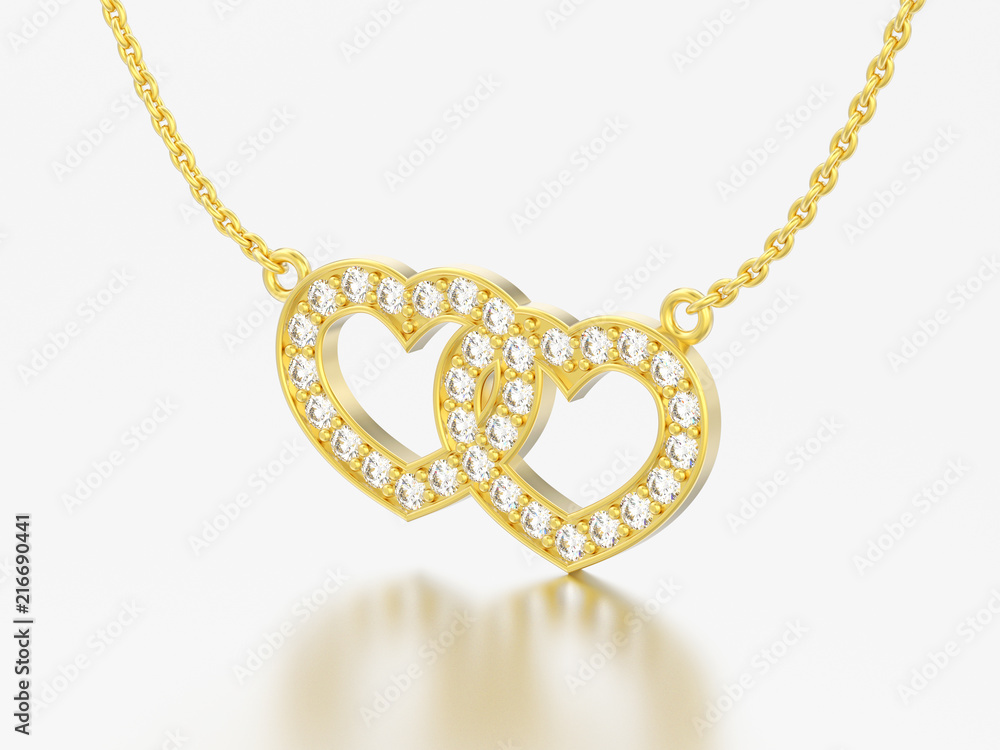 3D illustration jewelry two hearts yellow gold diamond necklace on chain 3D illustration jewelry two hearts yellow gold diamond necklace on chain