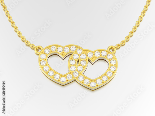 3D illustration jewelry two hearts yellow gold diamond necklace on chain