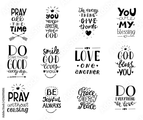 Set of 12 Hand lettering christian quotesYou blessings, Do good every day, Grace, mercy,peace, Love one another, Pray,God bless you, Give thanks.