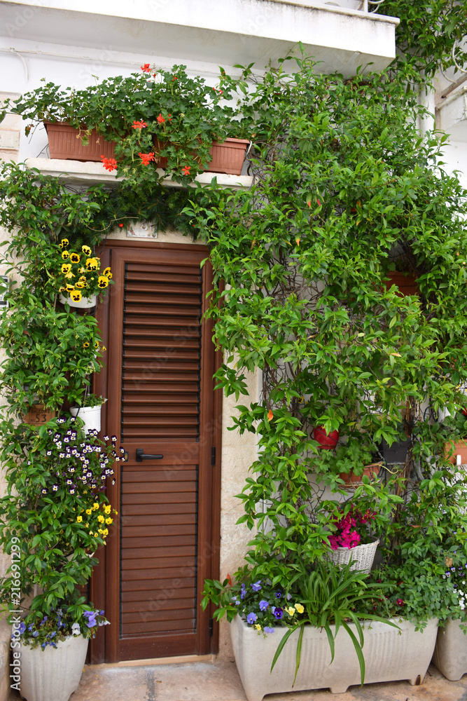 Fototapeta premium Italy, Puglia region, Locorotondo, a whitewashed village in the Itria valley, with its medieval historical center full of stairs, balconies, flowers, arches, frescoed churches, and details