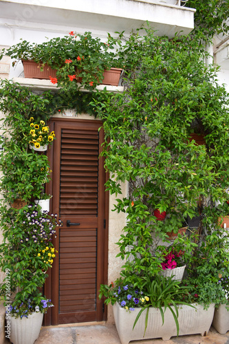 Fototapeta Naklejka Na Ścianę i Meble -  Italy, Puglia region, Locorotondo,  a whitewashed village in the Itria valley, with its medieval historical center full of stairs, balconies, flowers, arches, frescoed churches, and details