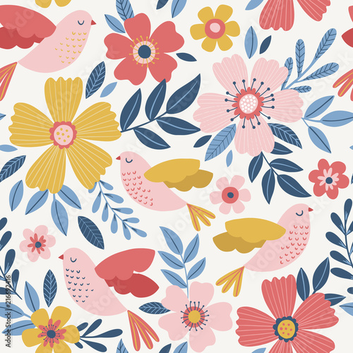 Cute vector seamless pattern with birds and flowers. Spring background.
