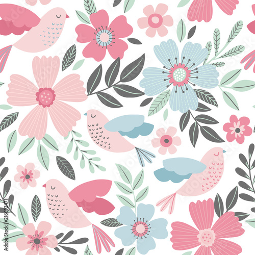 Seamless floral pattern with birds in delicate pastel colors. Spring vector background.