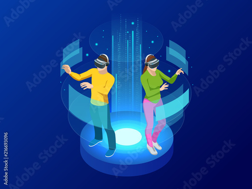 Isometric Man and woman wearing virtual reality goggles. Augmented realty concept. Man wearing goggle headset with touching vr interface. Into virtual reality world. Future technology