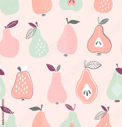 Fruit seamless pattern. Hand drawn creative pear vector background. Summer illustration in doodle trendy style.