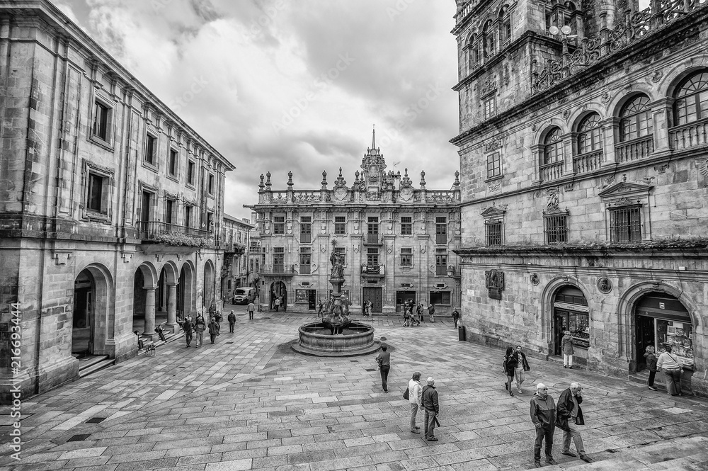 SANTIAGO DE COMPOSTELA, SPAIN, JUNE 14, 2016 - Santiago de Compostela Cathedral in Praterias Square with the Fountain of Horses in Santiago de Compostela, Galicia, Spain.