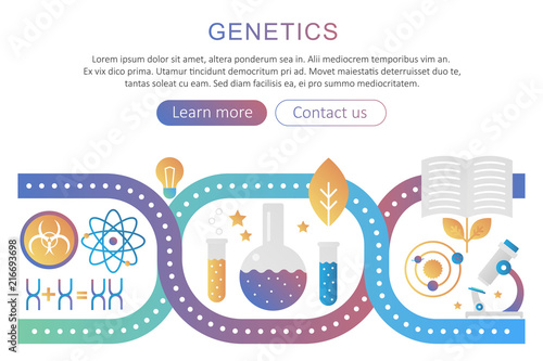 DNA genetics and bioengineering research vector concept illustration. Genetic analysis trendy flat gradient color. Biotechnology icons microscope, gene, genome, dna chain, test-tube set.