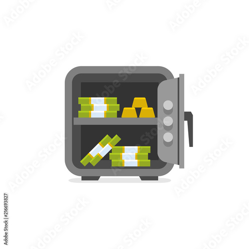 Opened safe. Opened with money inside. flat style. isolated on white background