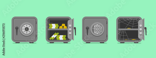 Set of security metal safes. flat style. isolated on green background