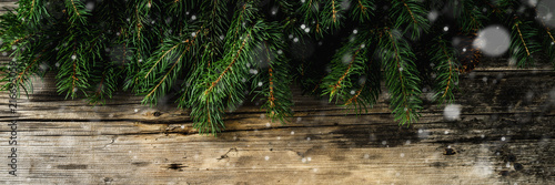 Christmas and Happy New Year holiday background with natural fir spruce, on wooden background, Winter Greeting Card concept with copy space for text. banner