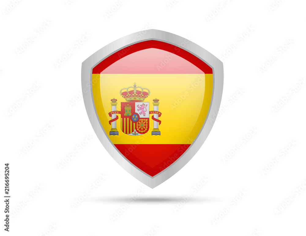 Shield with Spain flag on white background. Vector illustration.