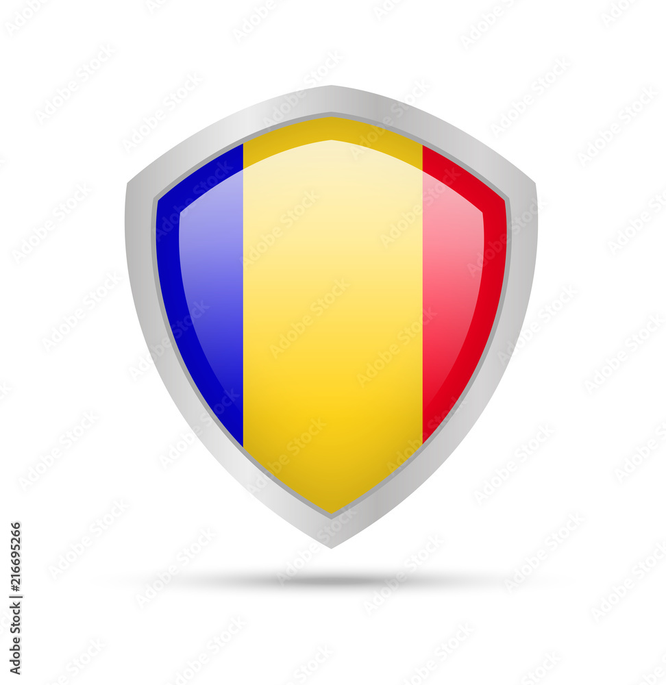 Fototapeta premium Shield with Romania flag on white background. Vector illustration.