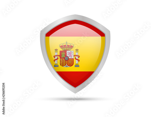 Shield with Spain flag on white background. Vector illustration.
