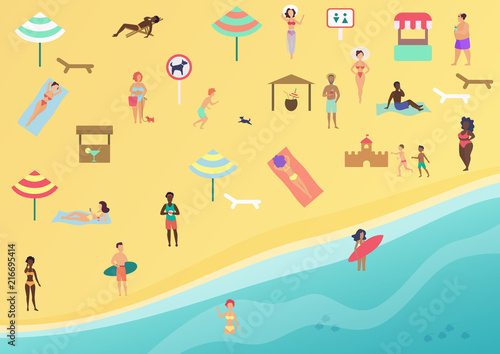 People at beach performing leisure and relaxing. Sunbathing, talking, surfing and swimming in sea or ocean. Beach top view flat vector illustration.
