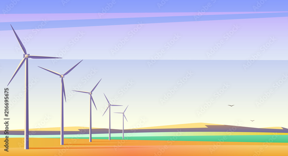 Vector illustration with rotation windmills for alternative energy resource in spacious field with blue sky.