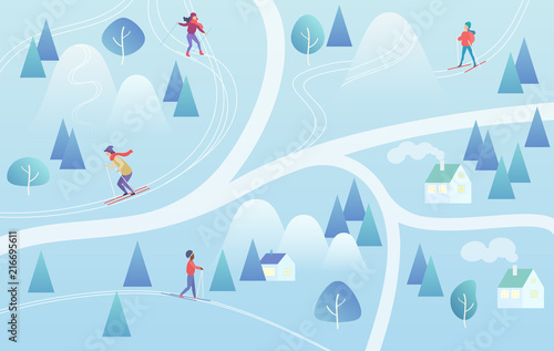 Ski Resort with Skiers. Mountain skiing map style background winter resort with people. Vector gradient color vector illustration.