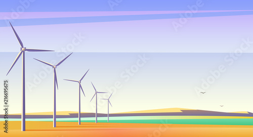 Vector illustration with rotation windmills for alternative energy resource in spacious field with blue sky.