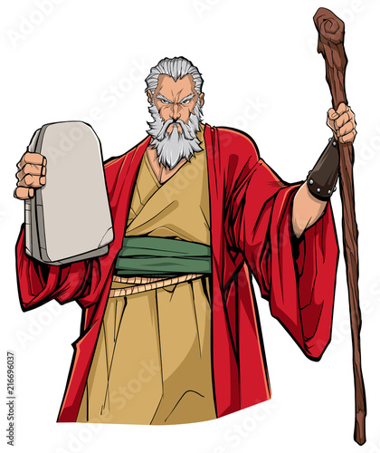 Portrait of Moses holding the stone tablets with the Ten Commandments and his wooden staff.