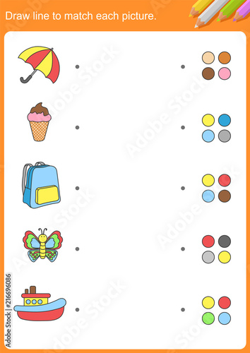 Draw line to match each picture and color. - Worksheet for education.