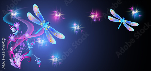 Neon dragonfly and flowers