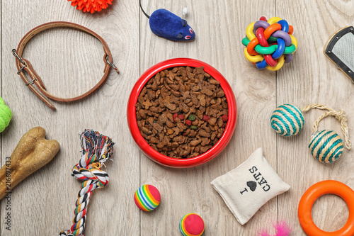 Fototapeta Naklejka Na Ścianę i Meble -  Bowl with food for cat or dog and accessories on wooden background. Pet care