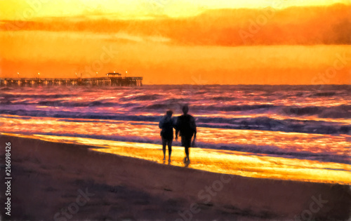 Couple Walking on a Beach at Sunrise