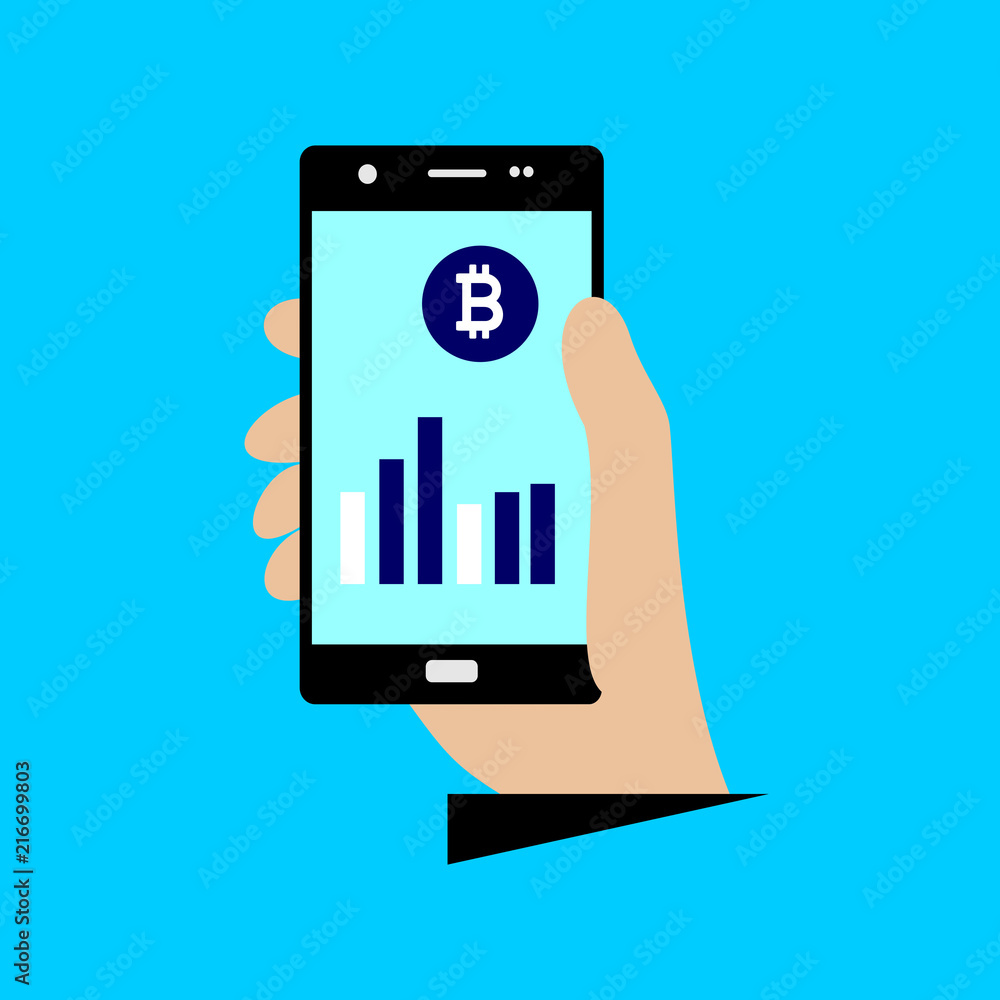 Smartphone screen with bitcoin trading. Hand hold smartphone. Vector graphic icon. Smartphone screen with bitcoin trading. Hand hold smartphone. Vector graphic icon.