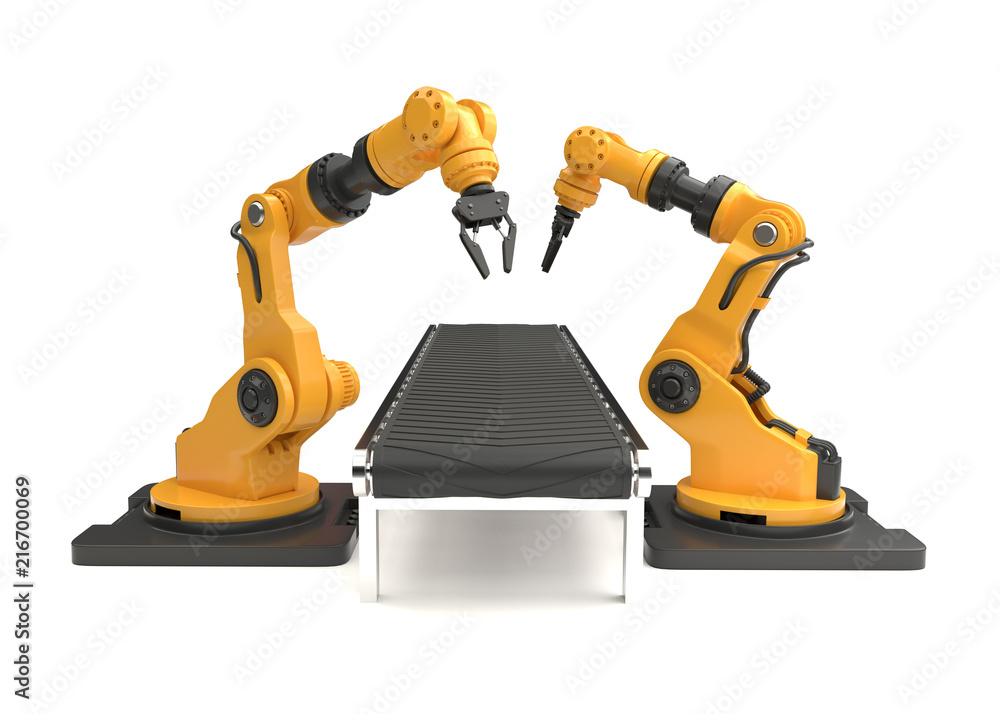Robotic arms with empty conveyor belt on white background. 3D illustration Robotic arms with empty conveyor belt on white background. 3D illustration